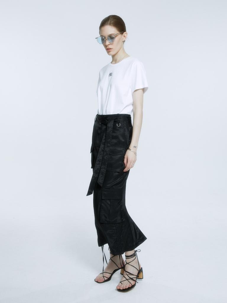 Muse Lily Side String Belted Satin Cargo Long Skirt_Black