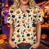 Women's Casual Halloween Print V Neck Short Sleeve Button Detail Three Quarter Sleeve T Shirt Top Lightweight Comfortable Fit