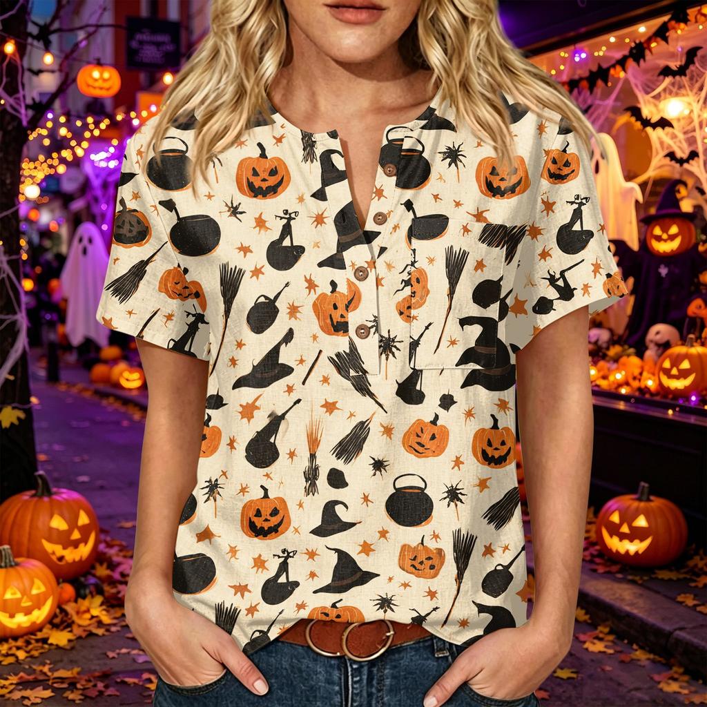 Women's Casual Halloween Print V Neck Short Sleeve Button Detail Three Quarter Sleeve T Shirt Top Lightweight Comfortable Fit
