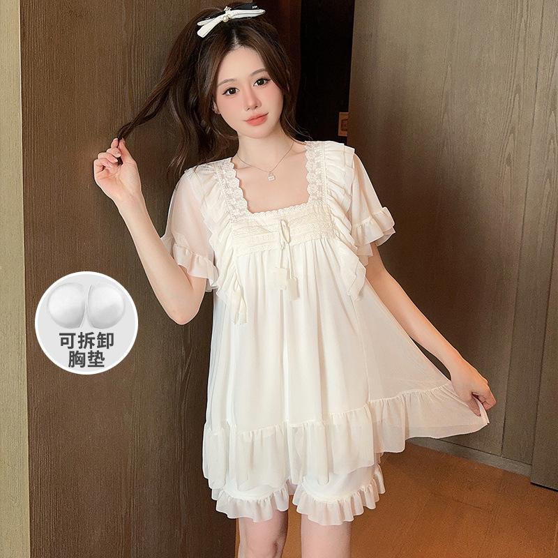 Linglei Summer Solid Color Square Neck Lace Sweet Loose Princess Wind Mesh Short Sleeve Pajama Set Loungewear