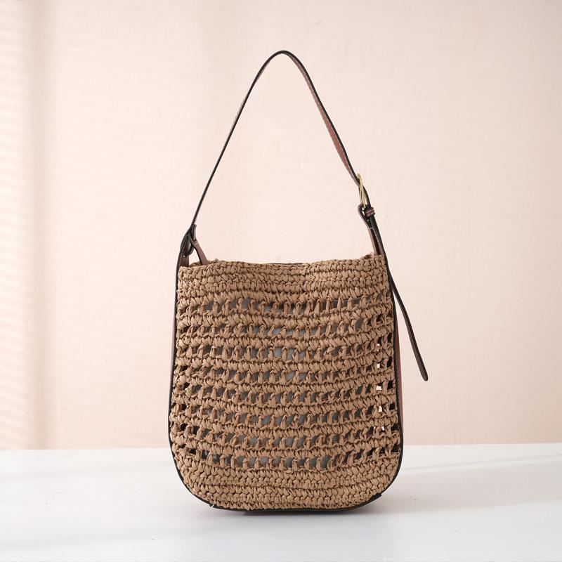 

Hollow Design Woven Women s Beach Bucket Bag Shoulder Purse Handwoven Summer Large Capacity Underarm Handbag коричневий