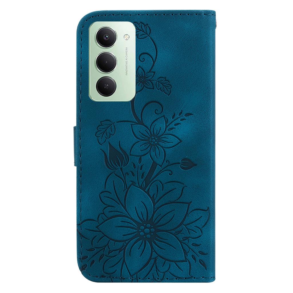 For Xiaomi Redmi 15 4G (EU) (171mm) Stand Case Lily Flower Imprint Leather Phone Cover with Wrist Strap