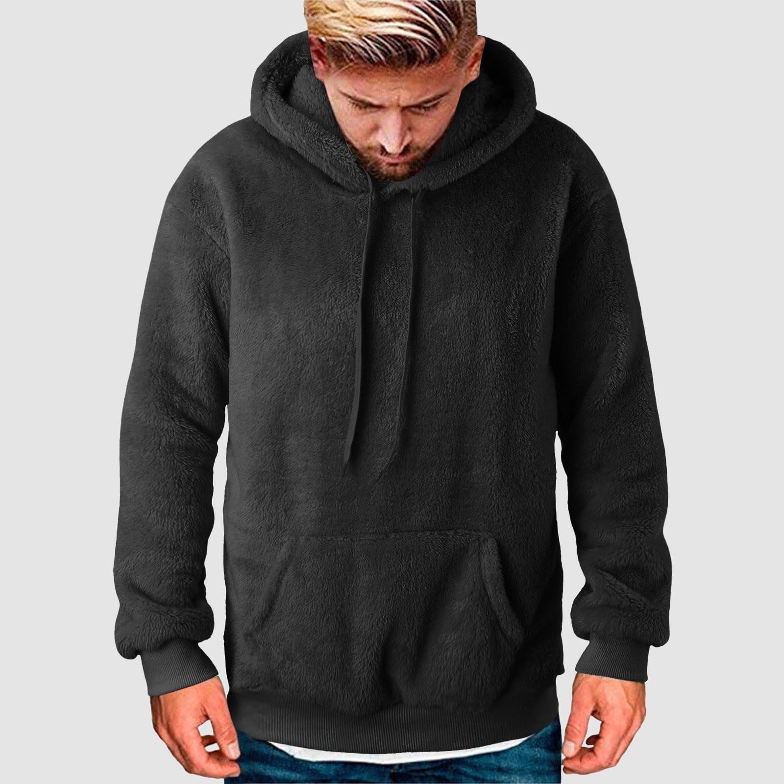 Толстовки для мужчин с длинным рукавом из флиса повседневные пушистые с круглым вырезом теплые зимние M чёрный 3259₽