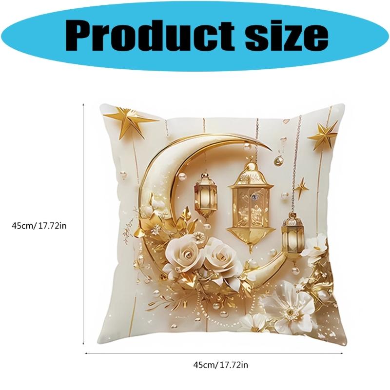 Soft Short Plush Cushion Cover Gold Moon Ethnic Festival Print 45x45cm Standard Size for Home Decoration