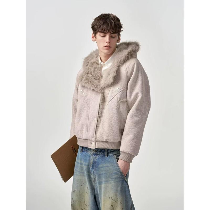 Giacca trapuntata corta unisex in cotone stile retrò americano con cappuccio e bordo in ecopelliccia, cappotto caldo invernale