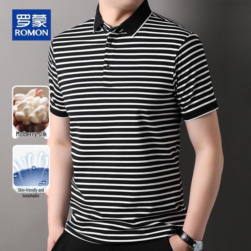 ROMON Men's Cooling Silk Blend Striped Polo Shirt