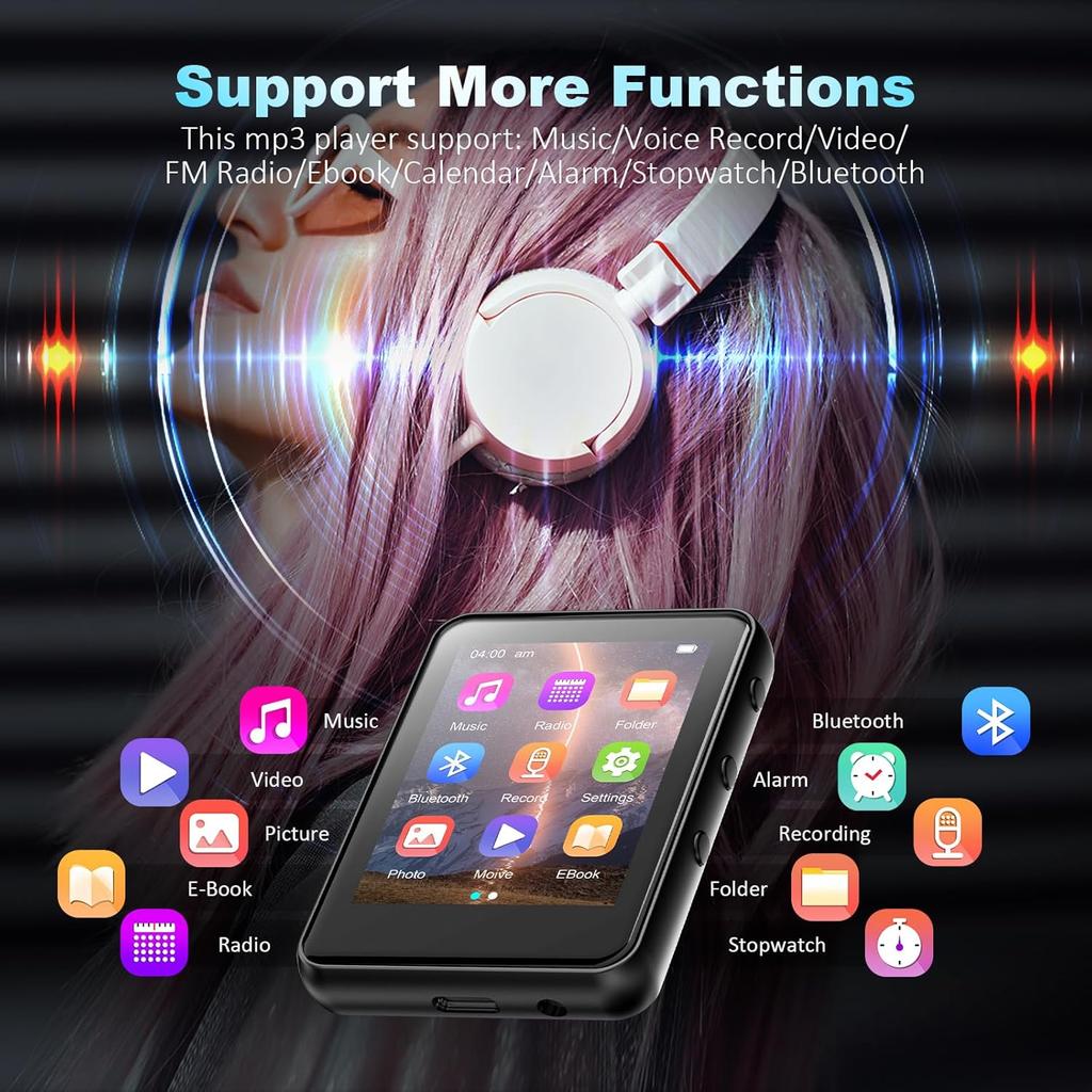 MP3 Player with Bluetooth, Full Touch Screen Music Player with Speaker and Micro SD Card Slot, 64GB Audio Player, FM Radio, Voice Recorder,