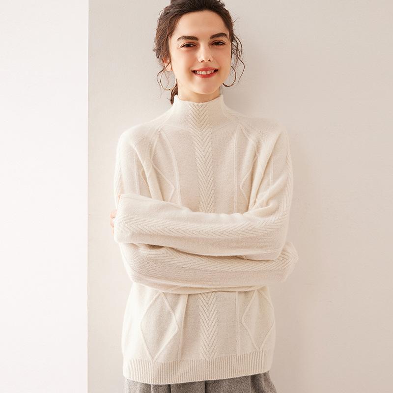 Semi-Turtleneck Rhombus Knitted Sweater Women'S Loose Lazy Pullover Wool Sweater Autumn And Winter New Thickened Knitted Bottoming Shirt