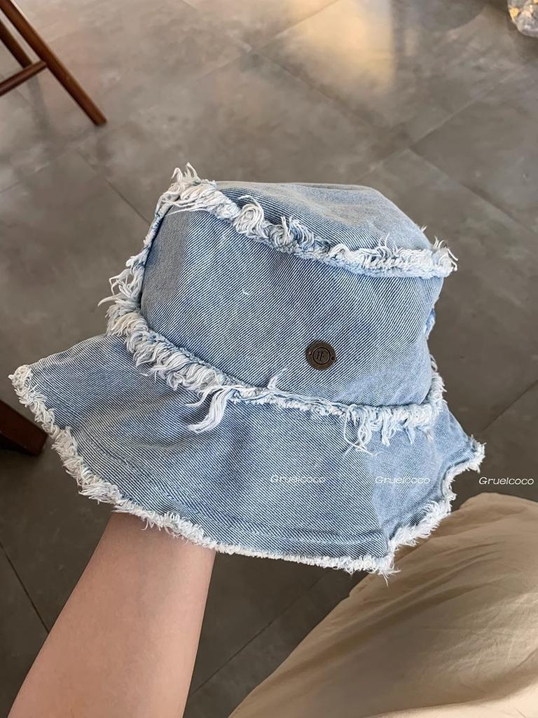 Pălărie bucket din denim pentru femei, de vară, la modă, pentru față mică, casual, versatilă, de stradă, cu margine veche și aspră, pălărie de soare