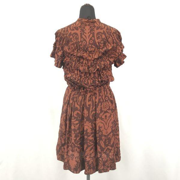 KAREN WALKER / 100% Silk Short Sleeve Dress [Women’s 8 / M / Orange × Brown Pattern / Skull Design](USED)