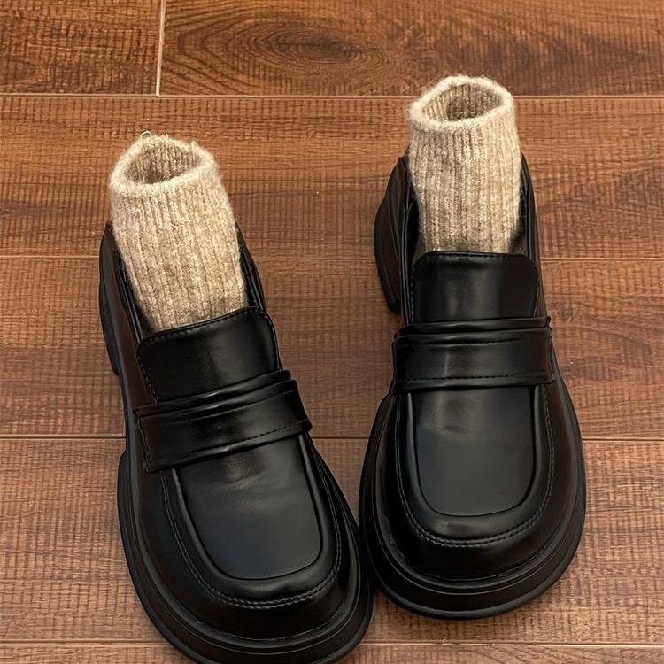 Japanese college style thick-soled basic jk small leather shoes women's French summer and autumn mid-heel round head single shoes