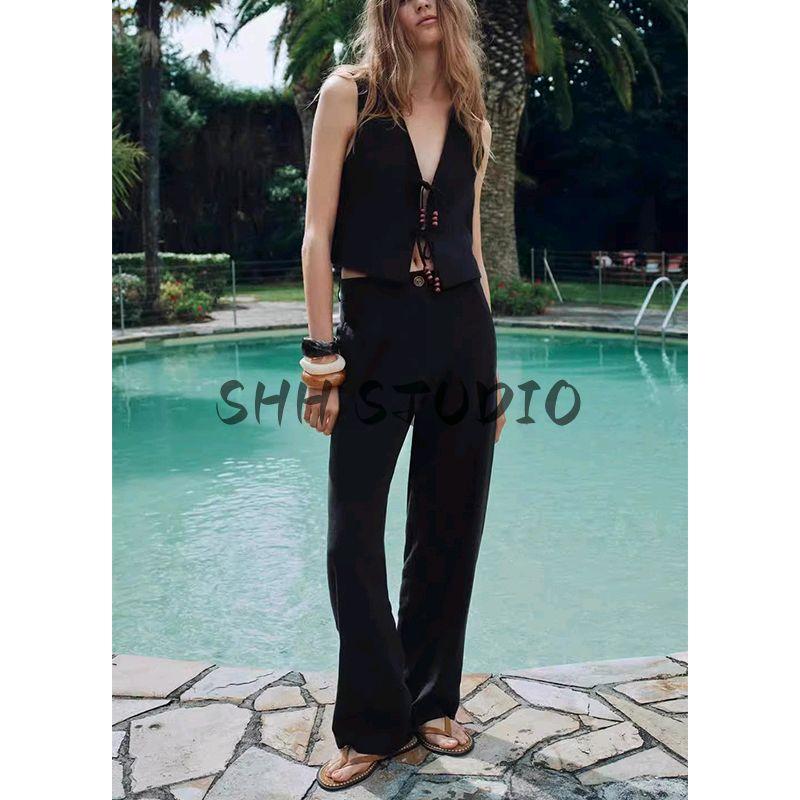 Spring and Summer New Women's Clothing Beaded Bows Linen Blended Vest 8222939 Wide Leg Pants 8017939