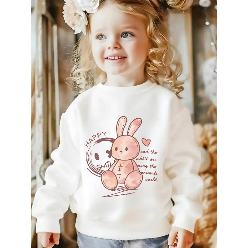 European Sizes Crewneck Sweatshirt for Girls with Adorable Rabbit & Cheerful Expression, Soft Comfy Sportswear for Kids & Teens