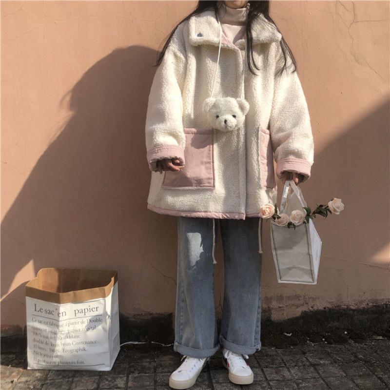 Winter Korean Sweet Warm Lamb Wool Coat Women Chic Cute Two Sided Wear Patchwork Thick Clothes College Style Casual Fashion Outerwear