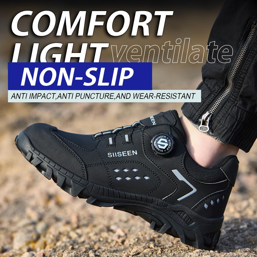 Scarpe da Lavoro di Sicurezza da Uomo con Punta in Acciaio Bottone Rotante Pelle Nera Antiscivolo Scarpe da Lavoro da Uomo Sneakers Leggere Sneakers da Lavoro Protettive