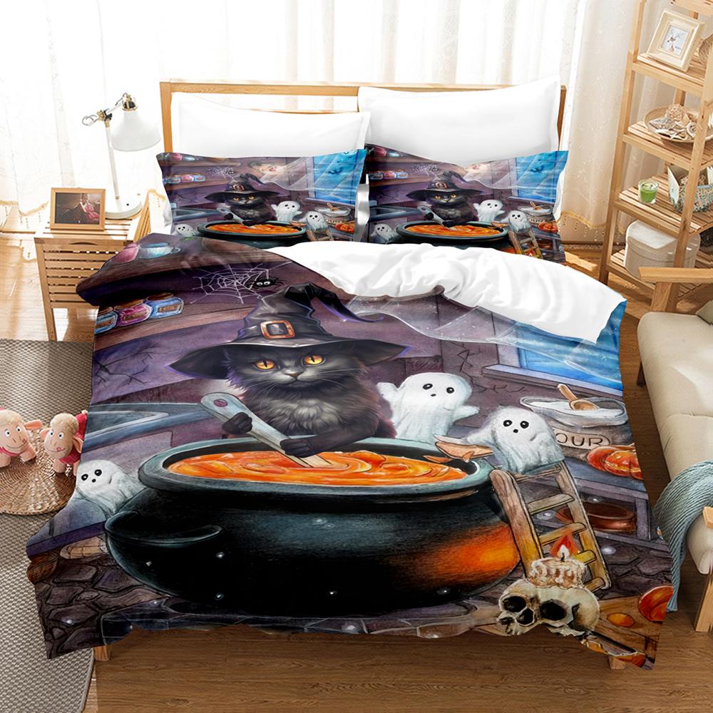 Comforter 3/4Pcs Halloween Bedding Set Featuring Jackolanterns Ghosts Wizard Hats Skulls Ignite The Spirit Of The Season