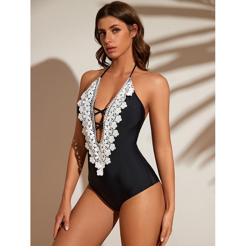 Maillot de bain une pièce en dentelle de couleur unie pour femme, ensemble de bain de plage, maillot de bain, body