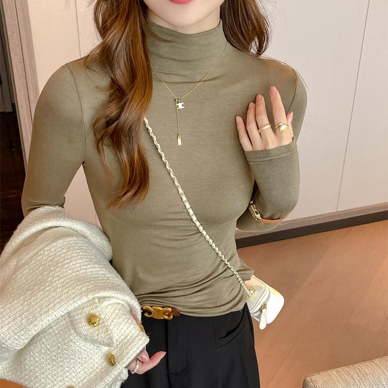 

Женский облегающий топ с полувысоким воротником средней высоты и длинными рукавами, базовый слой, обтягивающая однотонная футболка для весны, осени и зимы XL