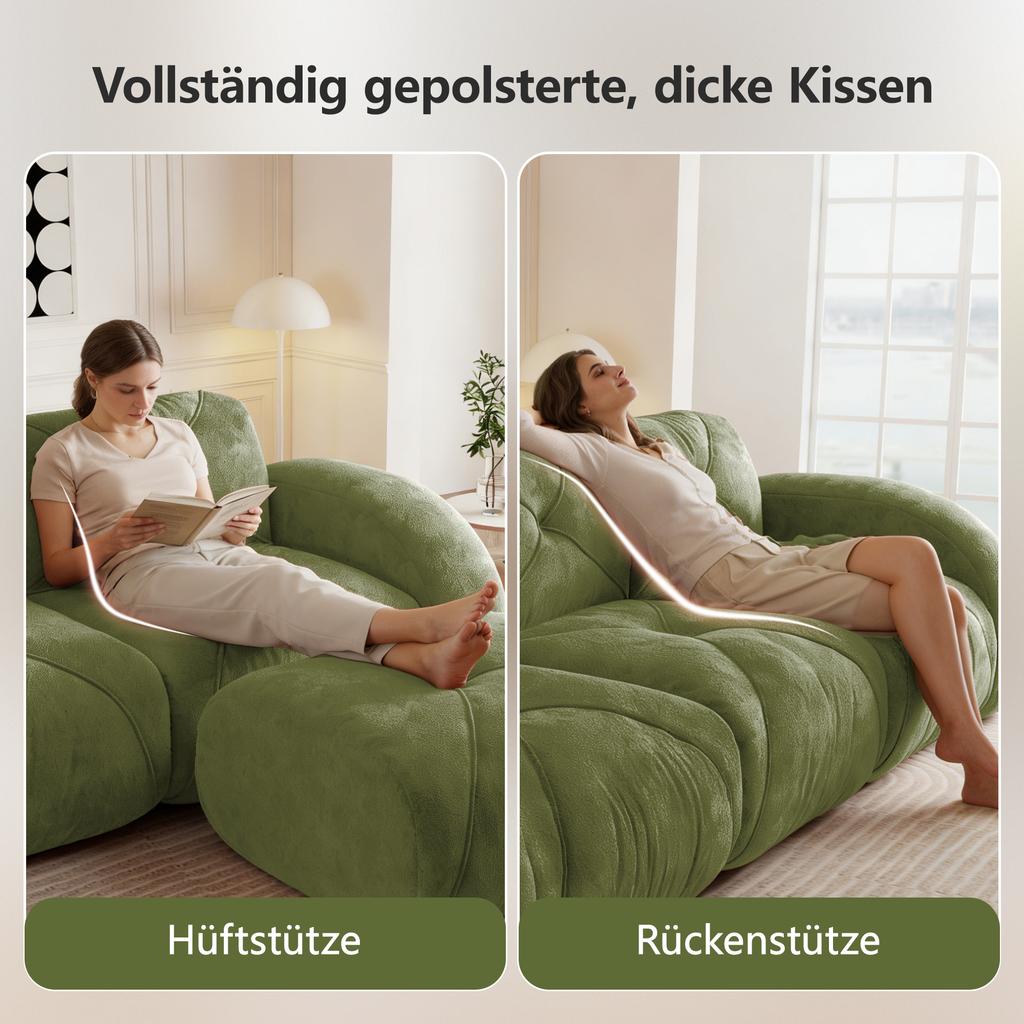 Modular sofa, 2-seater sofa with ottoman, high-density 32D foam, suitable for living room, pet-friendly chenille fabric, non-slip design, green