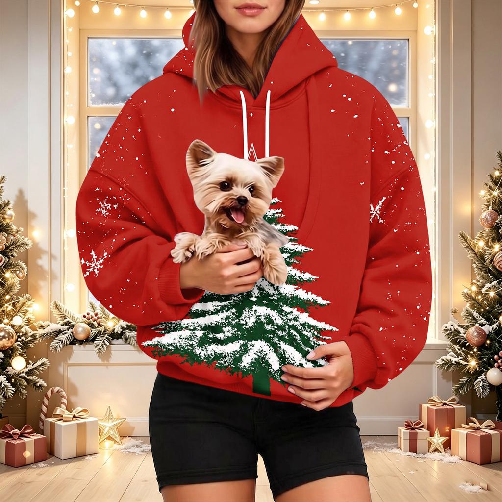 Women's Fashion Christmas Print Hoodie with Pet Pocket, Casual Pullover for Holiday Wear