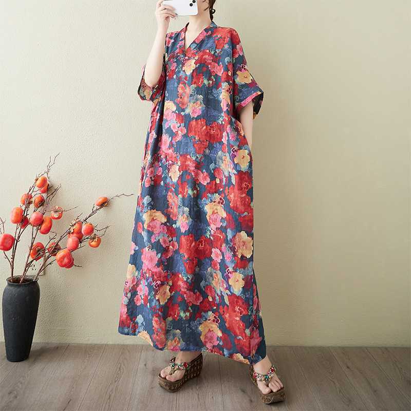 Women's Vintage Long Dress with Cotton and Linen Patterns
