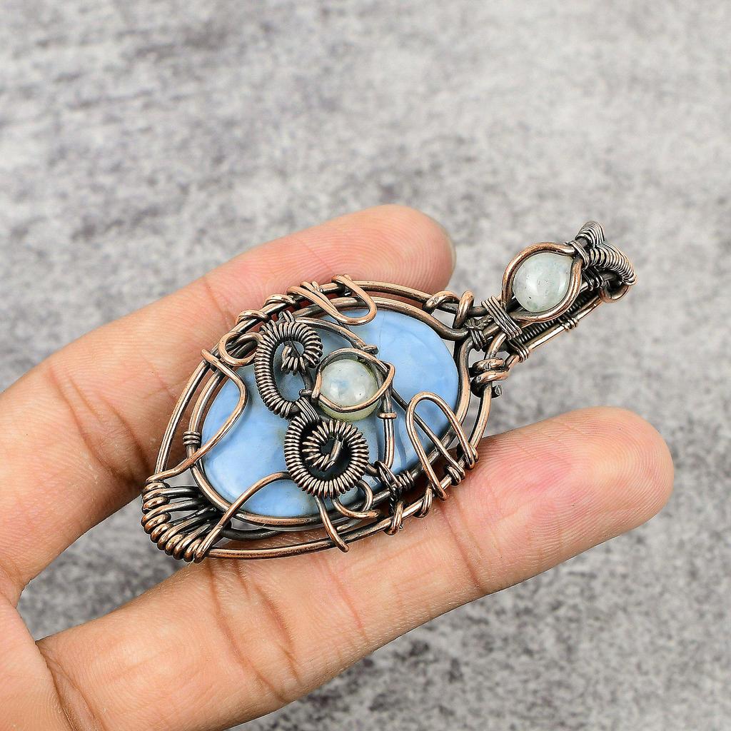 Owyhee Opal & Rainbow Moonstone Pendant, 999 Copper Wire Wrapped Jewelry, Gemstone Pendant, Gift For Her Handmade Dainty Jewelry