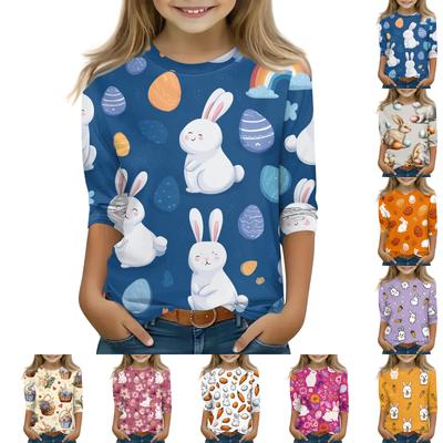 Children's Three-quarter Sleeve Round Neck Top With Easter Print, Casual Everyday Top