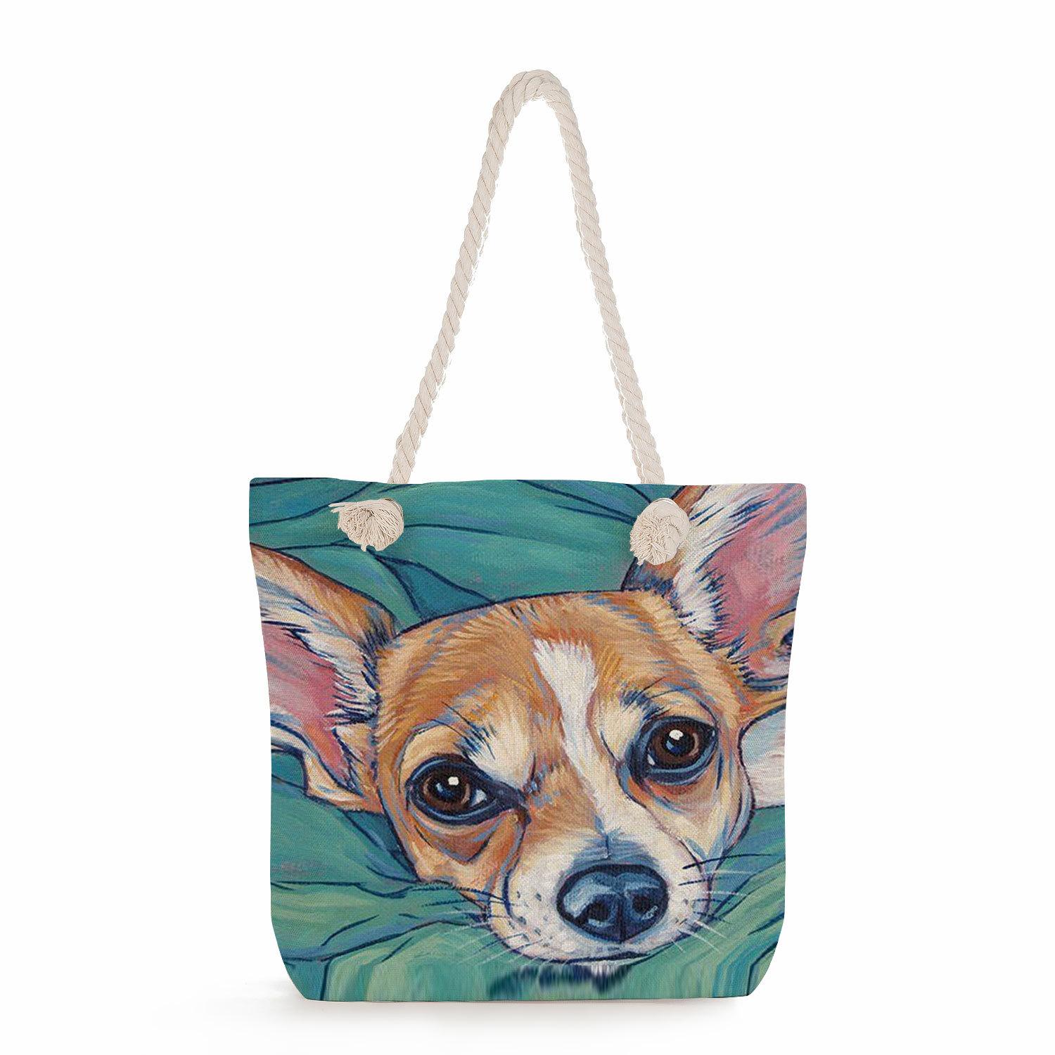 Oil painting of a dog print thick rope single-shoulder beach bag 7214 KTB