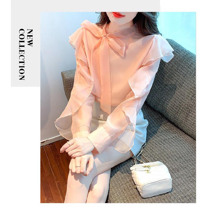 Women's Chiffon Blouse 2026 Spring and Autumn New Fashionable Tie-Neck Ruffle Trim Thin Gentle Style Shirt