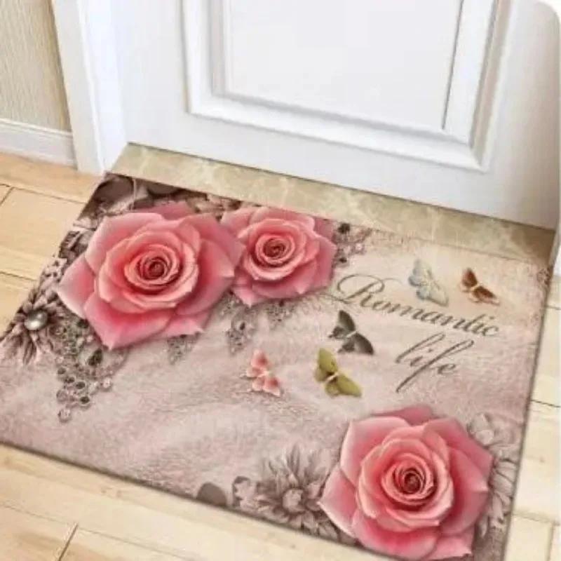 Golden Red Rose Print Home Decor Carpet Washable Floor Mat for Living Room Bedroom Kitchen Non Slip Sofa Coffee Table Area Rug