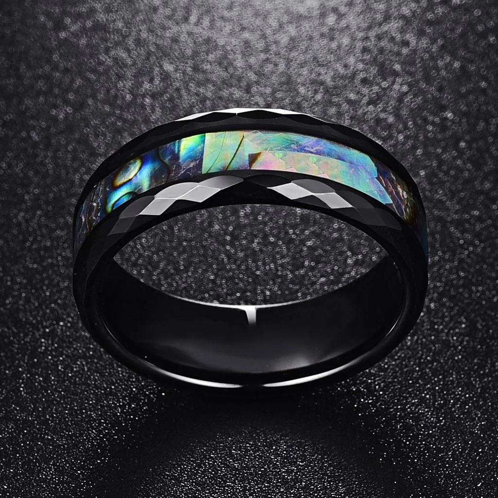 8mm Gehämmert Edelstahlringe Für Männer Eingelegt Koa-Holz Abalone-Schale Ringe Herren Verlobung Hochzeit Schmuck