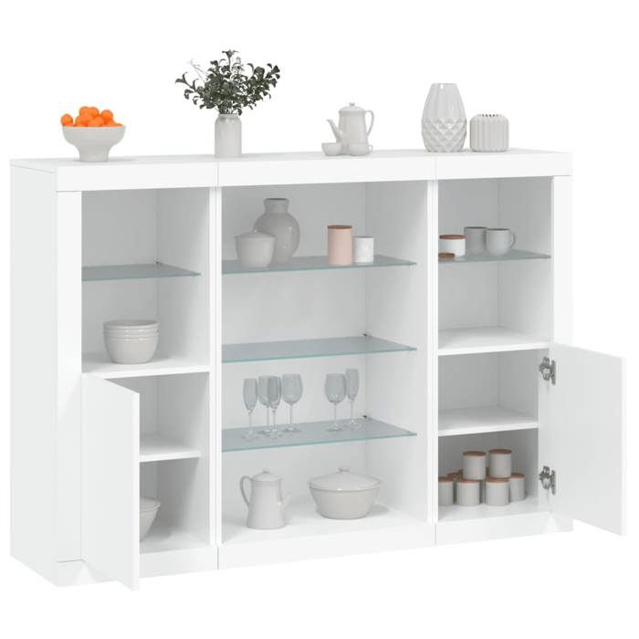 VidaXL Buffets avec lumières LED 3 pcs blanc bois d'ingénierie, meuble buffet, meuble de rangement de cuisine, meuble de 3209128