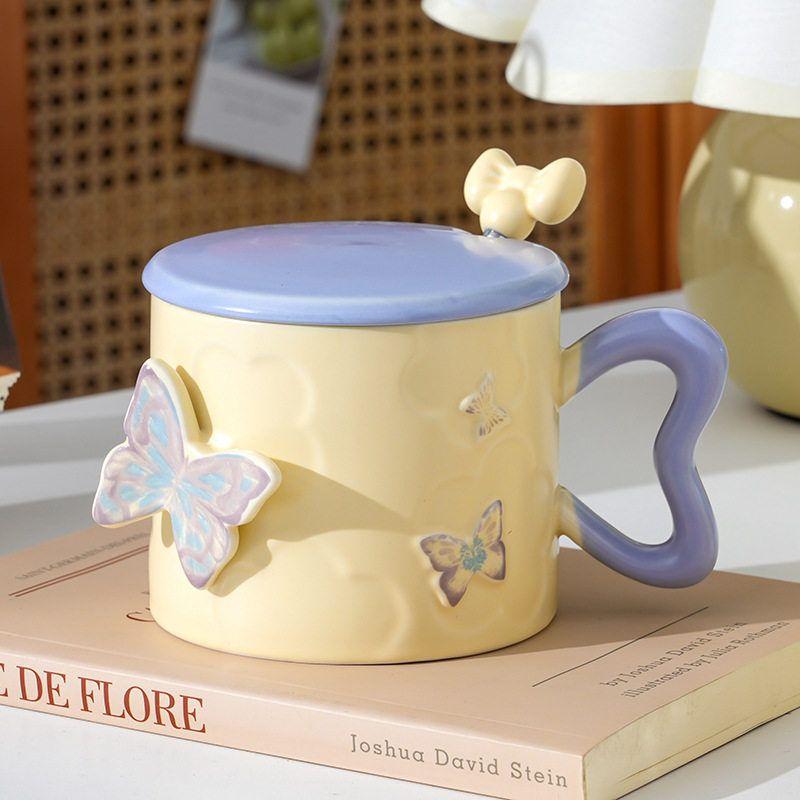 Embossed Butterfly High Looking Office Souvenir Ceramic Cup with Lid Mug  Couple Water Cup