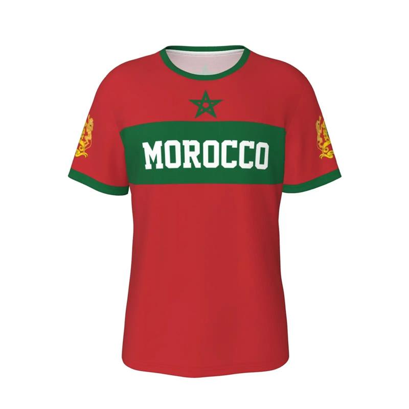 Men Morocco Football T-shirt 3D Print Flag Graphic Street Sports Short Sleeve T Shirts Summer Casual Loose Fashion Stripe Tees