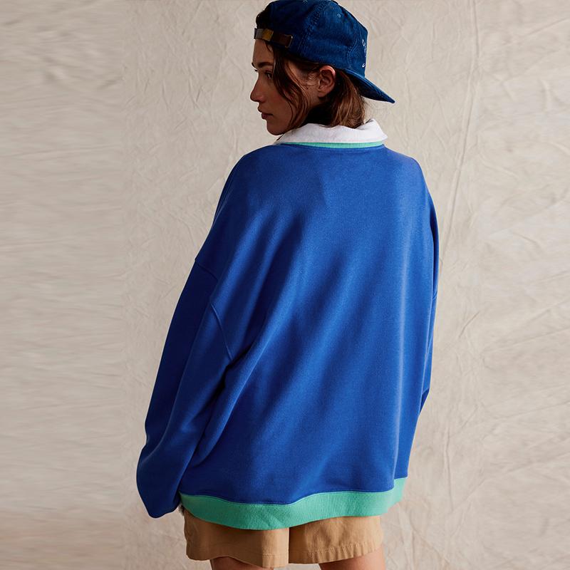 Casual Loose Contrast Sweatshirts Women Long Sleeved Round Neck Patchwork Hoodie Spring Autumn Street Style Pullover