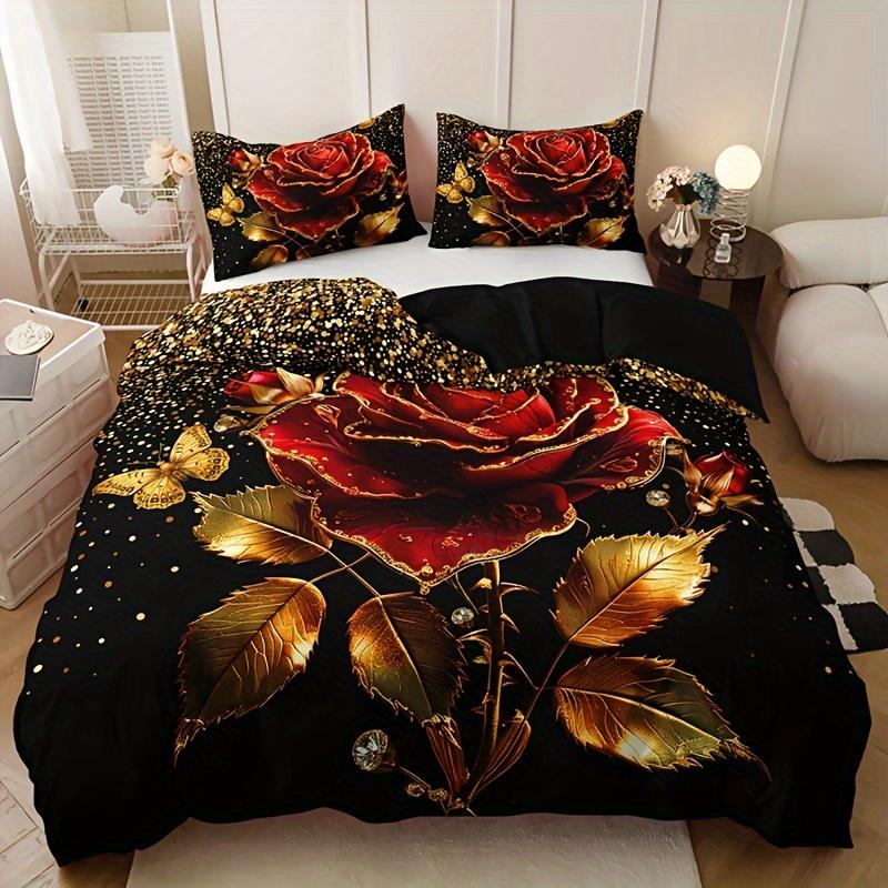 3Pcs Luxurious Golden Rose Duvet Cover Set - Includes 1 Duvet Cover & 2 Pillowcases Breathable Polyester