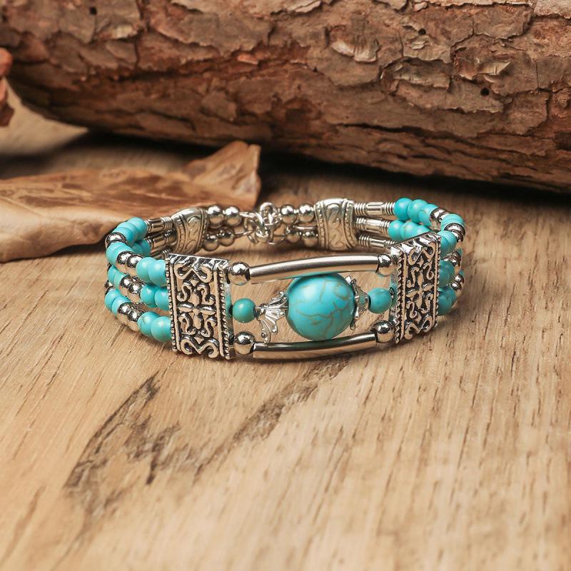 European Retro Bohemian Turquoise Leaf Bracelet - Versatile Ethnic Style Hand Jewelry for Women