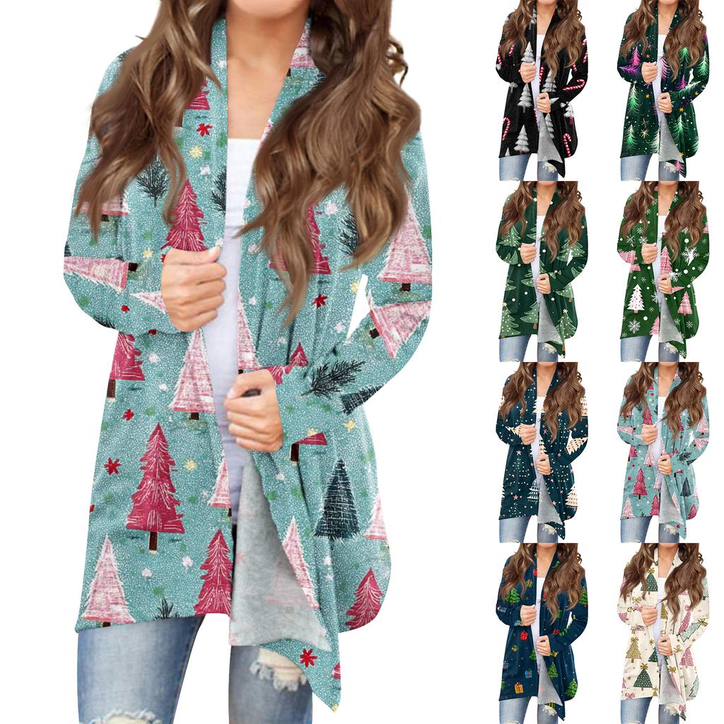 Women's Fashionable Loose-Fit Casual Cardigan With Christmas Print Mid-Length Coat
