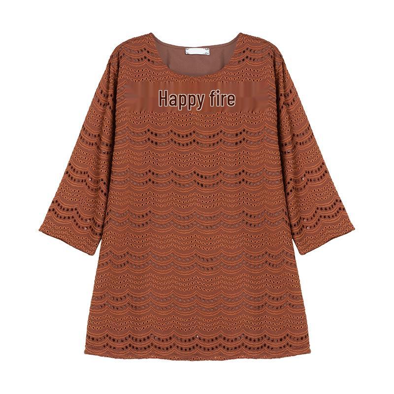 Haut en dentelle à manches sept-huitièmes: Été Grande Taille Coupe Ample pour Femmes d'Âge Moyen, Manches Moyennes Évidées à la Mode