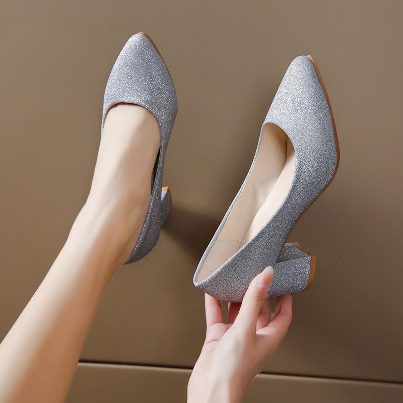 2025 Autumn Silver Sequin Pointed Toe Chunky Heel Plus Size Women's Flats