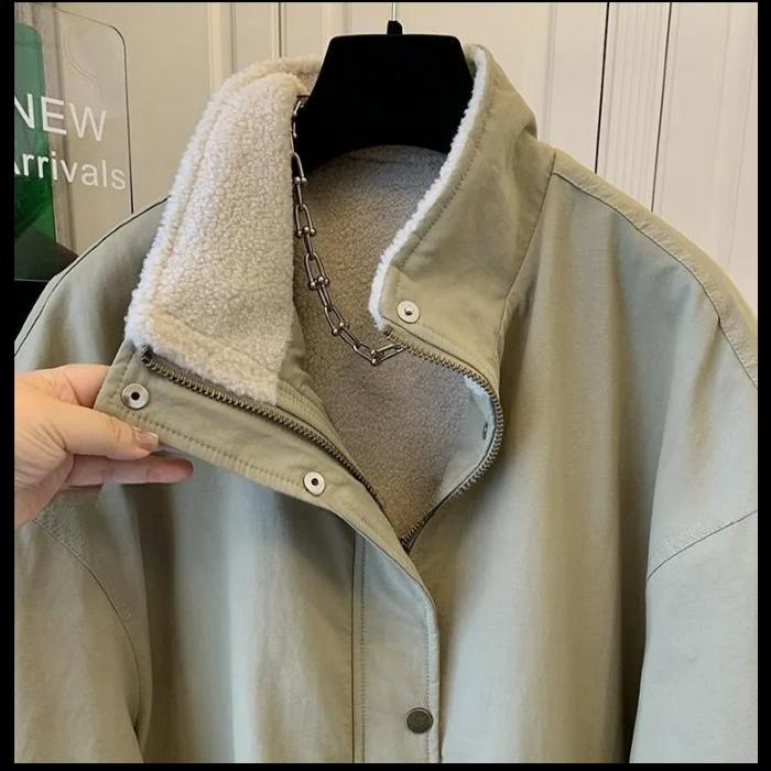 Jachetă de vânt din lână de miel, largă, super la modă, groasă, de lungime medie, tip parka, pentru femei