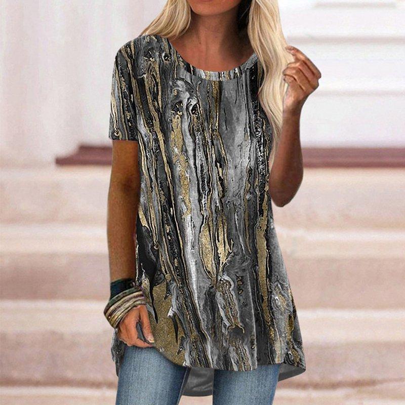 Women's Round Neck Short Sleeve Geometric Print Tunic Top Casual Asymmetrical Hem Blouse