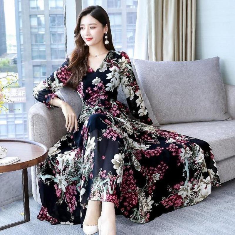 Langermet V-halskjole Kvinner Høst Slim Fit Lang A-linje stort skjørt