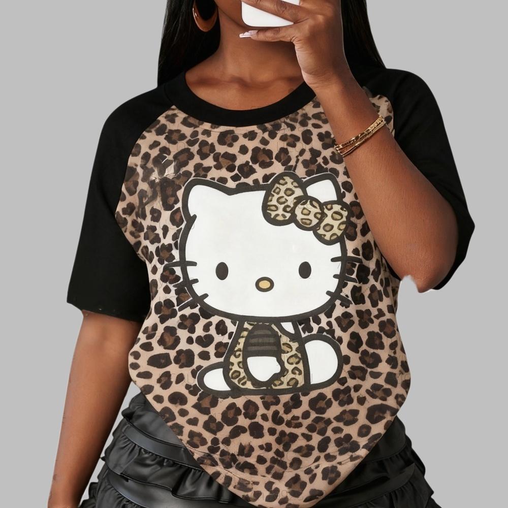 Leopard Print Hello Kitty Sweet and Cool American Street Style Summer T-Shirt Loose Top XXS