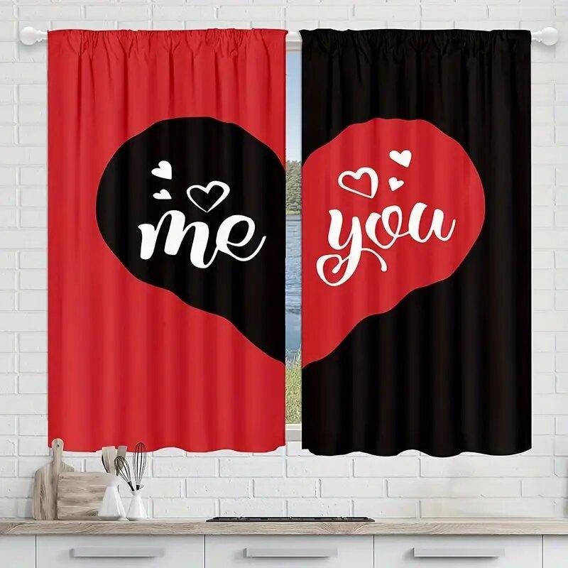 Valentine Day Black Red Heart Shaped Pattern Printed Curtains Window Decorations Home Room Made Of Polyester