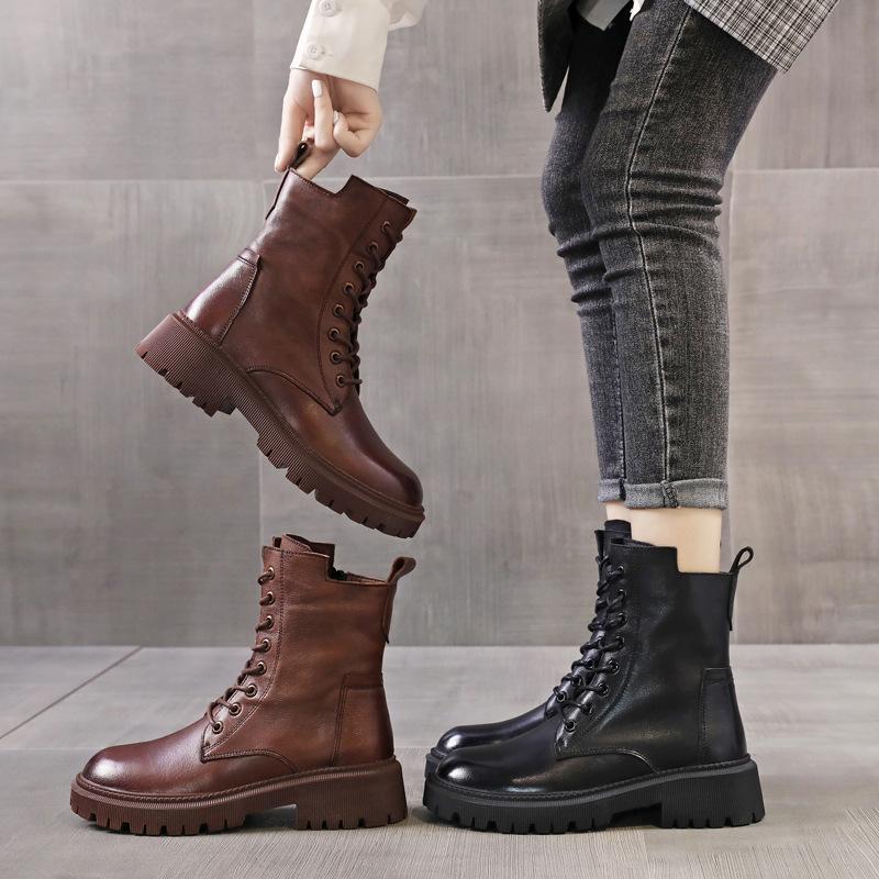 Casual leather women's boots thick-soled Martin boots women's 2025 autumn and winter women's shoes versatile British style short boots