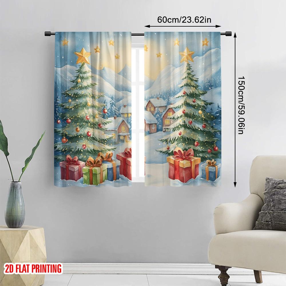 2 Stück, 2D-Flachdruck Vorhang Beliebtes Weihnachtsdorf Schneeszene (3) 100% Polyester (ohne Stange) Heimdeko Ideal für