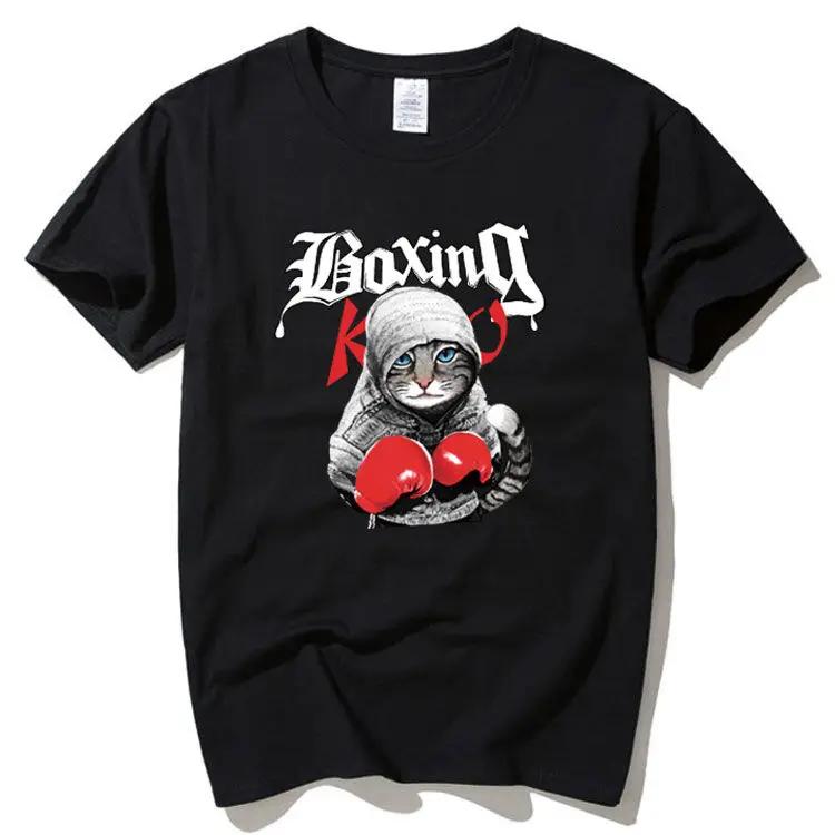 

2018 New Short-sleeved Men s Summer Boxing Cat T-shirt Women Trendy Harajuku Student Pure Cotton Loose Tide XXXXXL коричневий