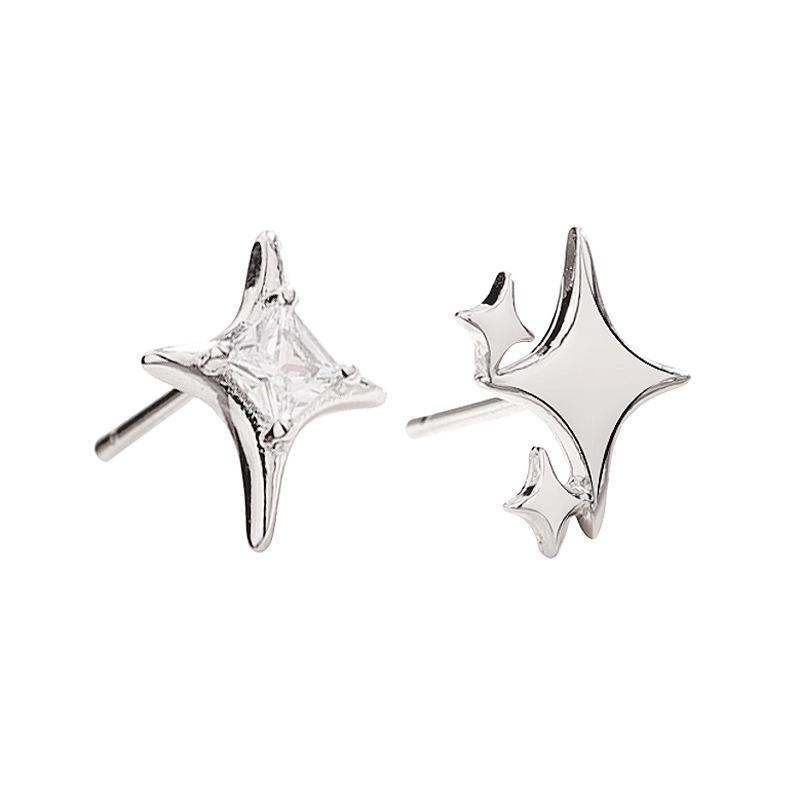 Asymmetrical Four-Pointed Star Stud Earrings for Women - 2026 Trendy Korean Cold Style