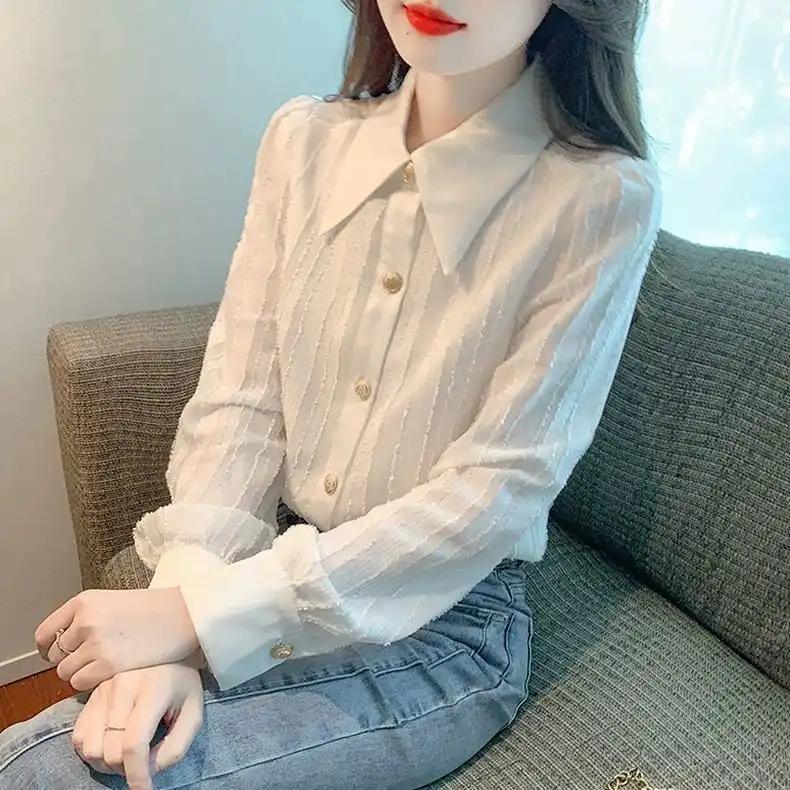 

Women Long Sleeved Pointed Neck White Chiffon Blouse Spring Autumn New Lady Simple Versatile Shirt Female Tops XXXL